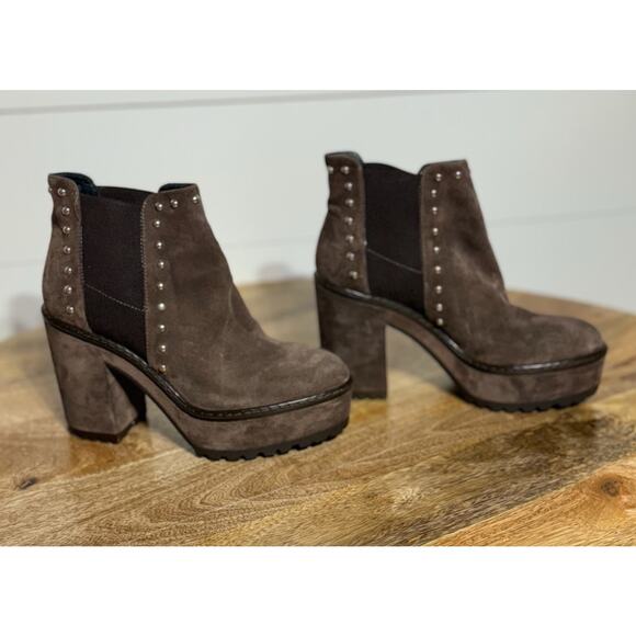Janet Sport Suede Platform Booties 8.5 Brown Italian Studded Chunky Heel - Picture 1 of 15